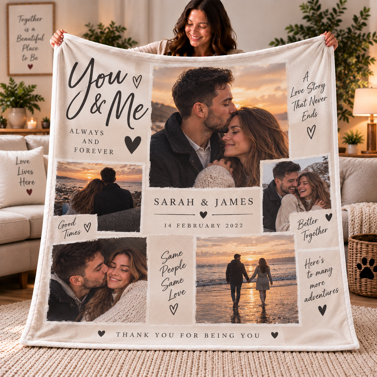 Personalised Couples Photo Blanket – Custom Romantic Blanket With Photos, Names & Date