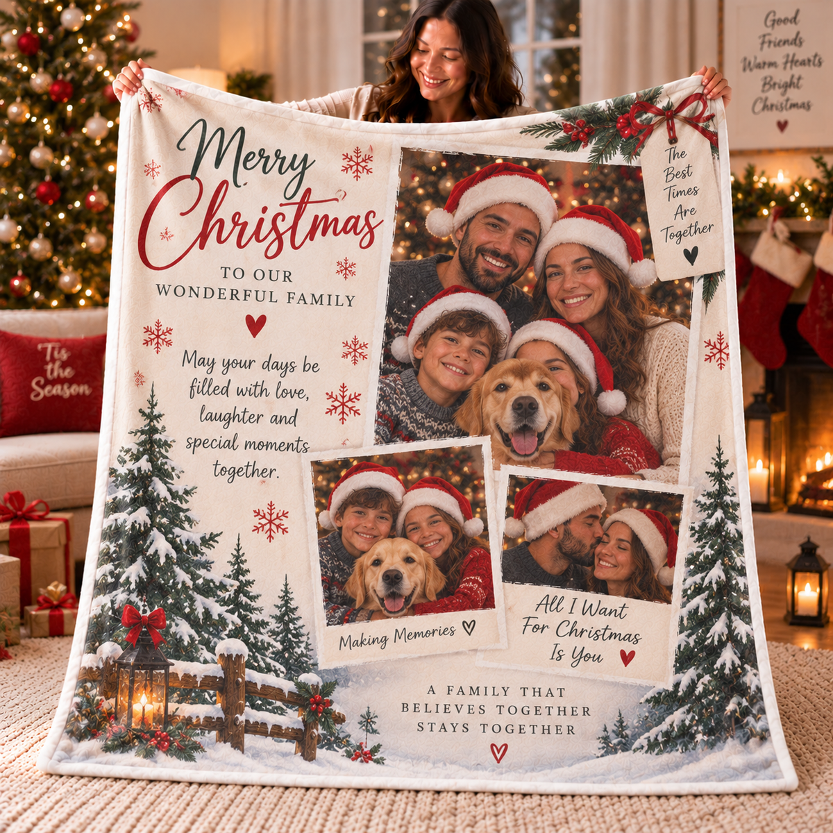 Personalised Christmas Photo Blanket – Custom Family Blanket With Photos & Message