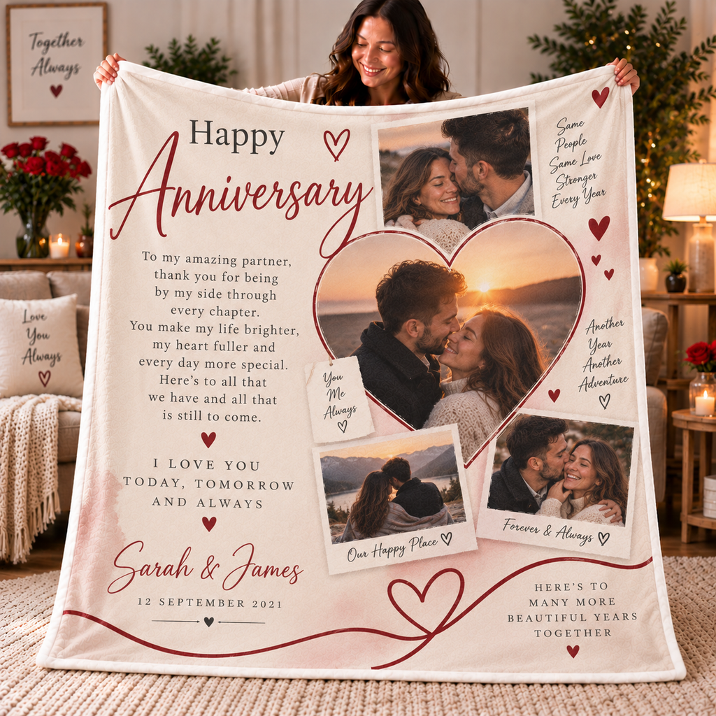 Personalised Anniversary Photo Blanket – Custom Couples Gift With Photos, Names & Date