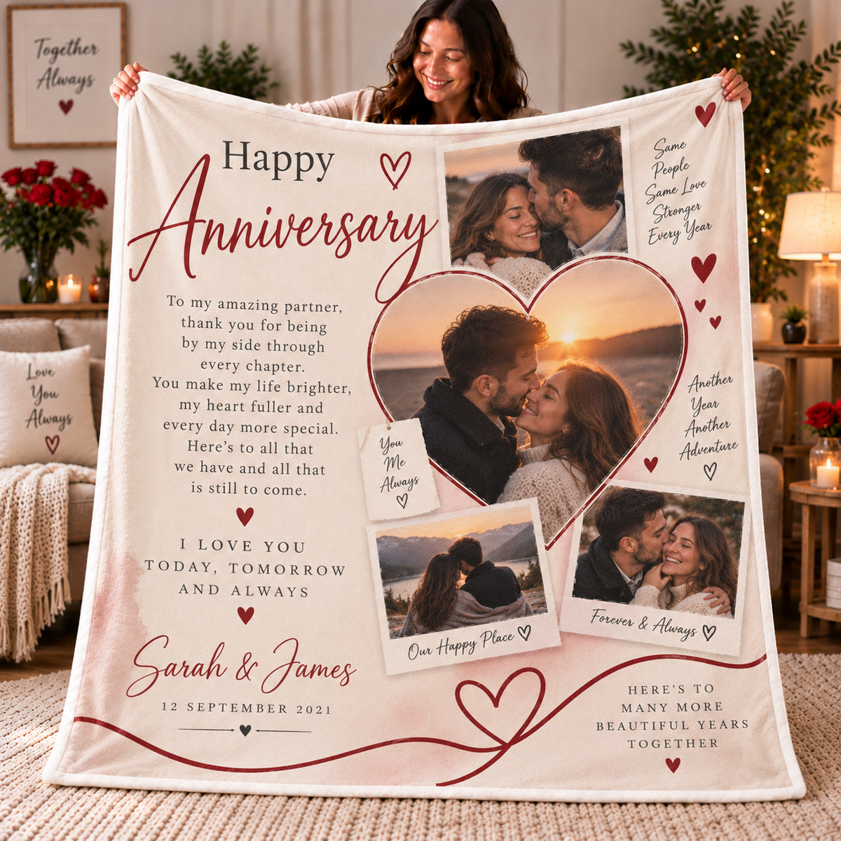 Personalised Anniversary Photo Blanket – Custom Couples Gift With Photos, Names & Date