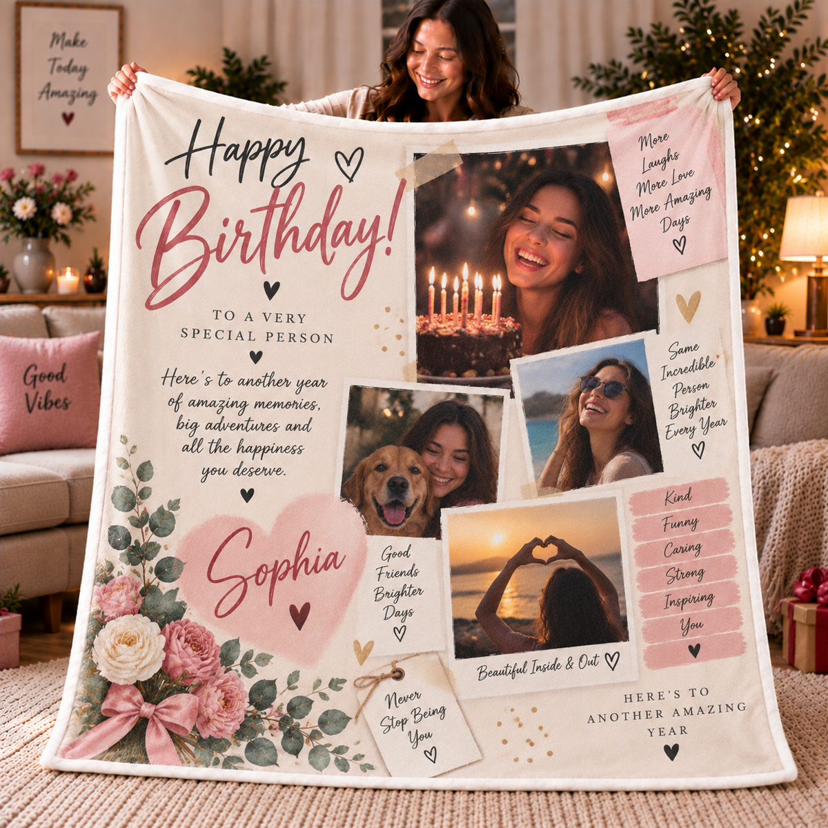 Personalised Birthday Photo Blanket – Custom Birthday Gift With Photos, Name & Message