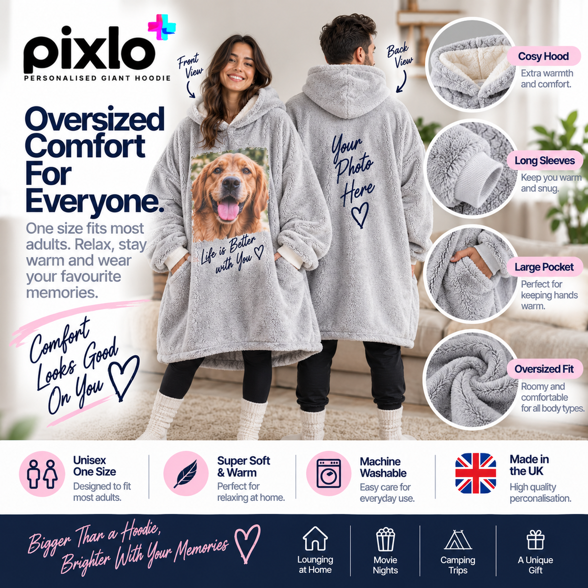 Personalised Giant Hoodie for Adults – Upload Your Own Photo | Oversized Wearable Blanket