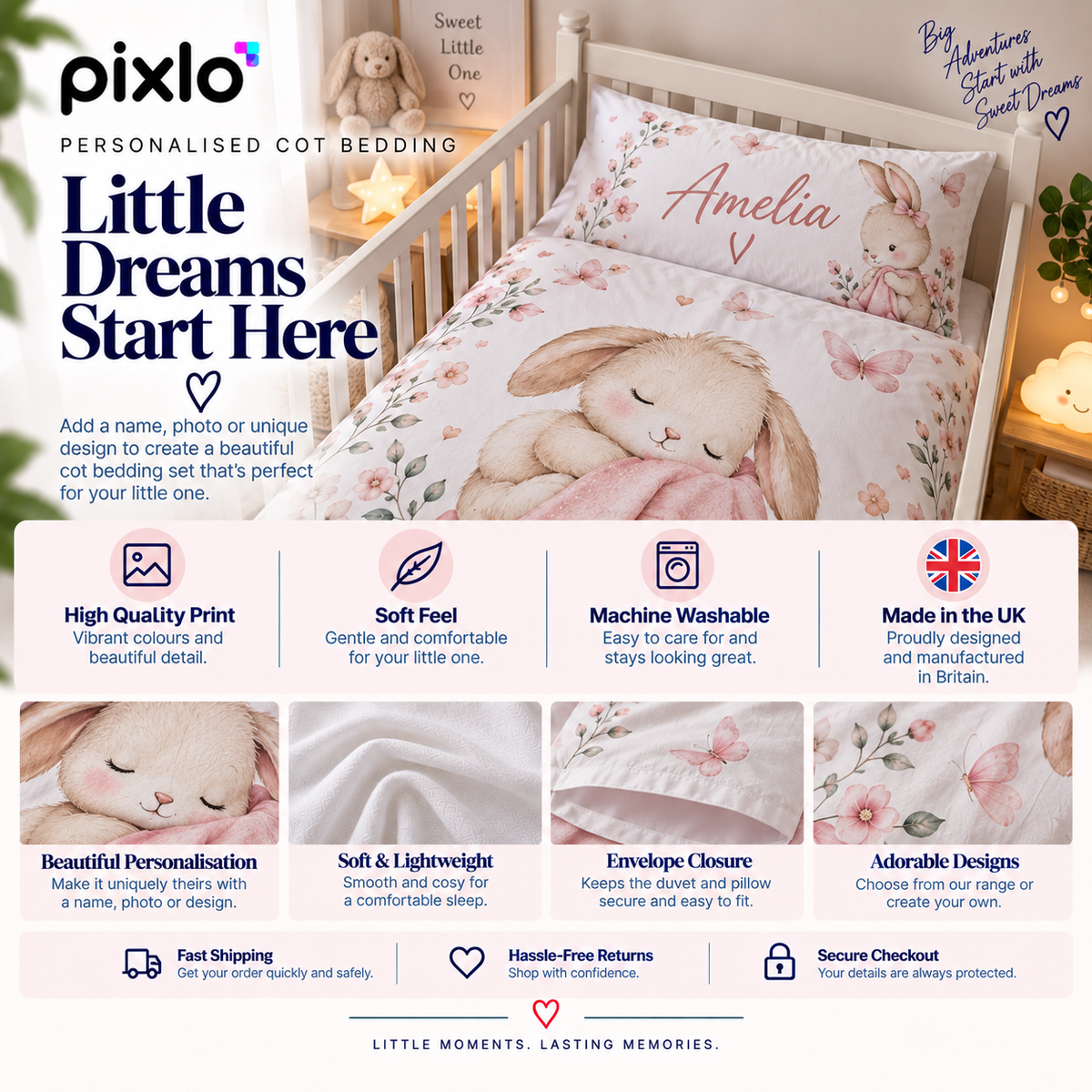 Personalised Birthday Photo Cot Bedding Duvet Cover & Pillowcase Set - Custom Birthday Cot Bedding Duvet Cover & Pillowcase Set With Photos, Name & Message
