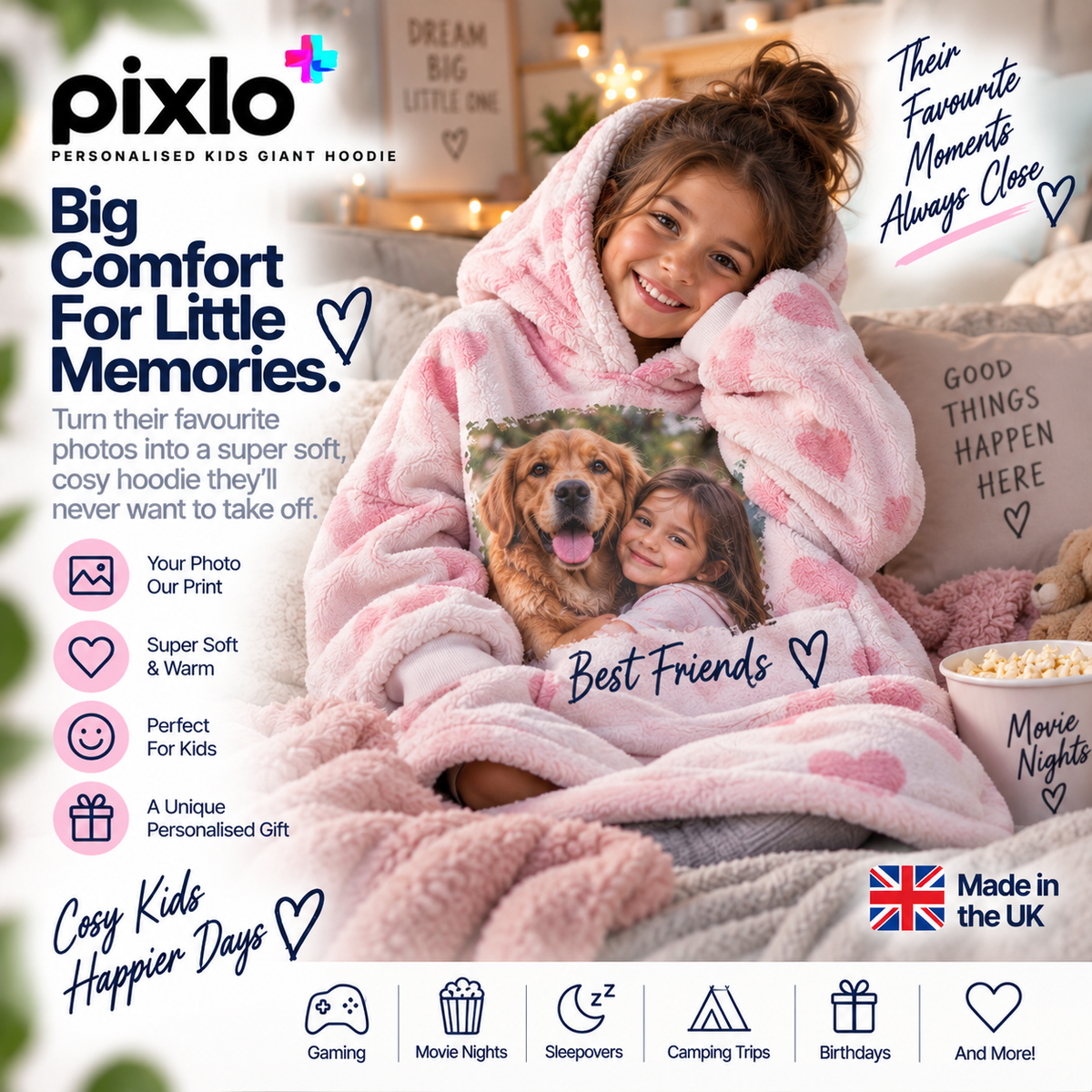 Personalised 2 Photo & Message Kids Oversized Hoodie – Upload Your Own Photos and Message | Cosy Wearable Blanket