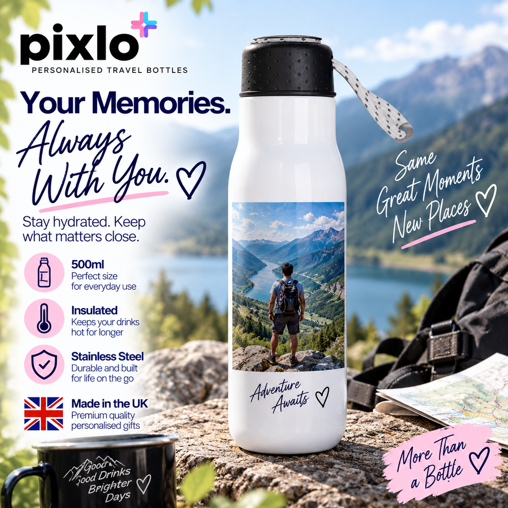 Personalised Travel 4 Photos Bottle – Upload Your Own Photos and Message | Custom Photo Water Bottle