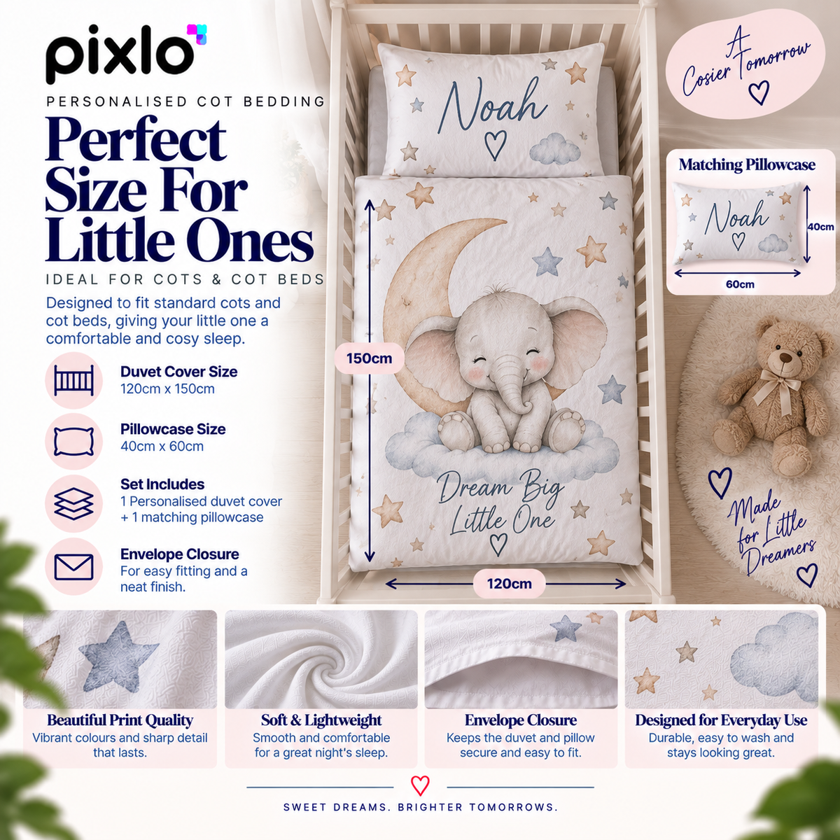 Personalised Kids Cot Bedding Duvet Cover & Pillowcase Set - Custom Cot Bedding Duvet Cover & Pillowcase Set With Your Child Name