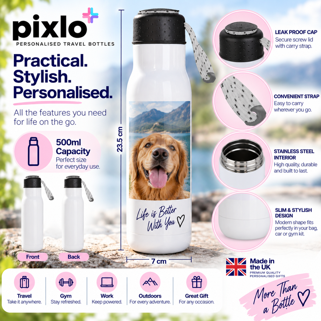 Personalised Travel 4 Photos Bottle – Upload Your Own Photos and Message | Custom Photo Water Bottle