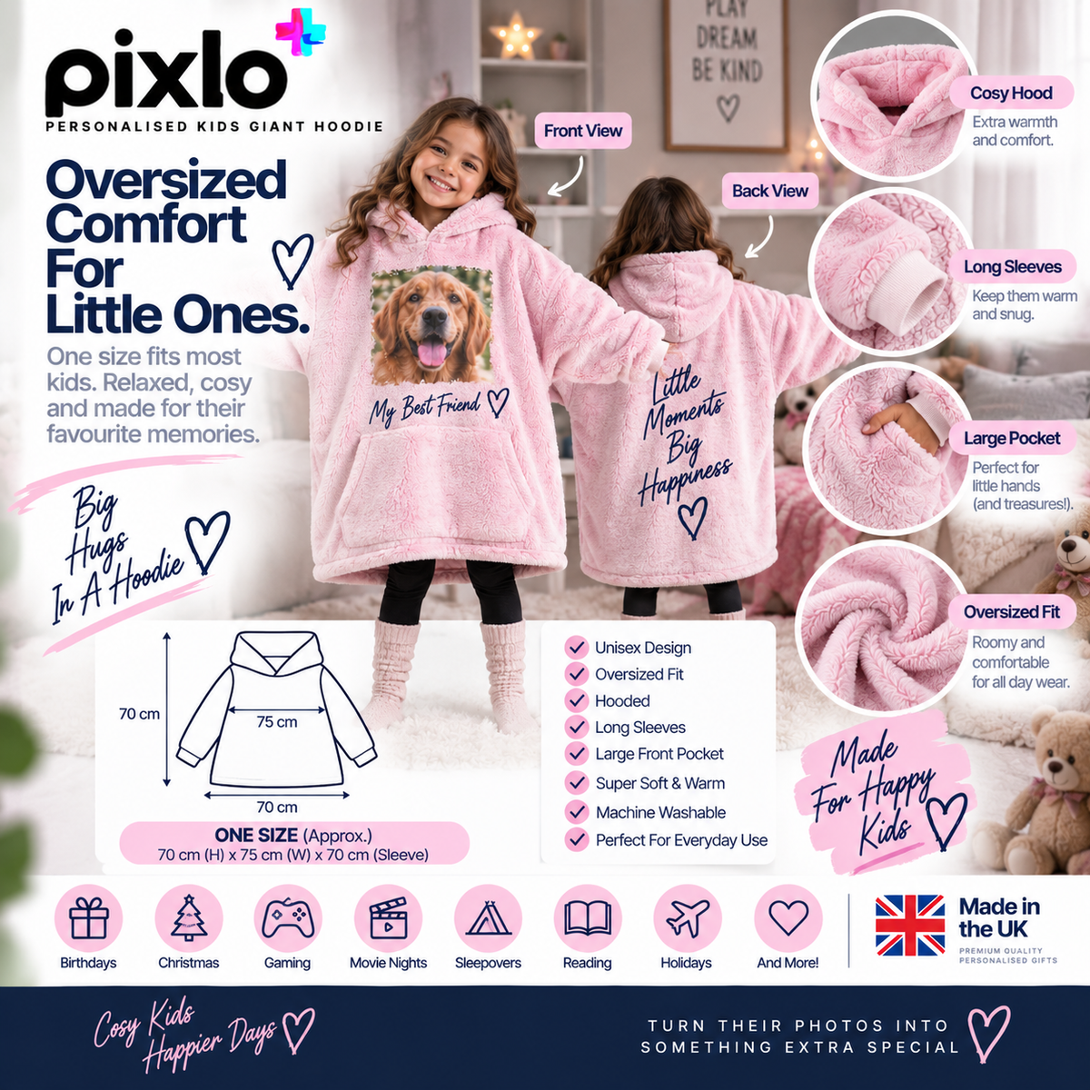 Personalised 2 Photo & Message Kids Oversized Hoodie – Upload Your Own Photos and Message | Cosy Wearable Blanket