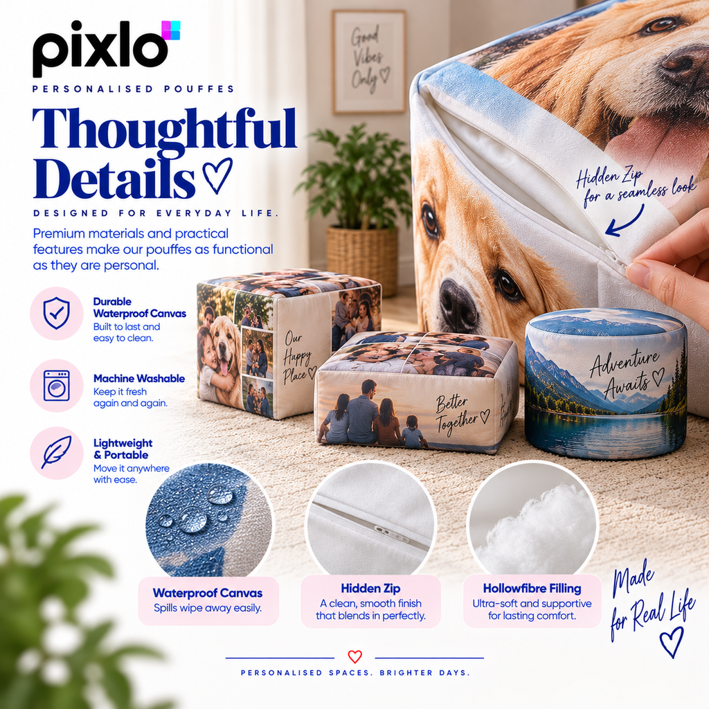 Personalised Memorial 4 Photos Pouffe  - Custom Design With Photo, Name & Dates