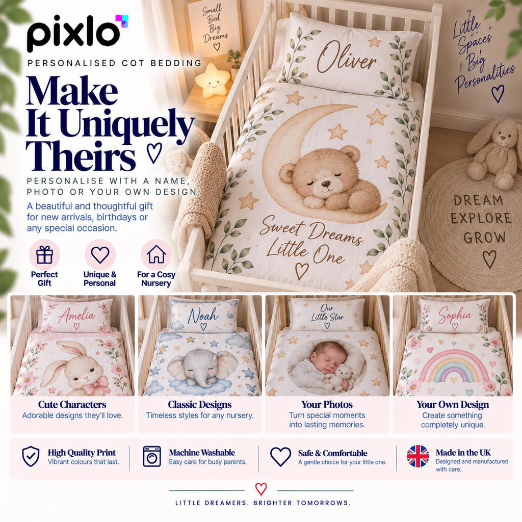 Personalised Kids Cot Bedding Duvet Cover & Pillowcase Set - Custom Cot Bedding Duvet Cover & Pillowcase Set With Your Child Name