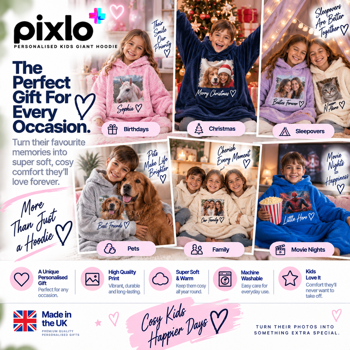 Personalised 2 Photo & Message Kids Oversized Hoodie – Upload Your Own Photos and Message | Cosy Wearable Blanket
